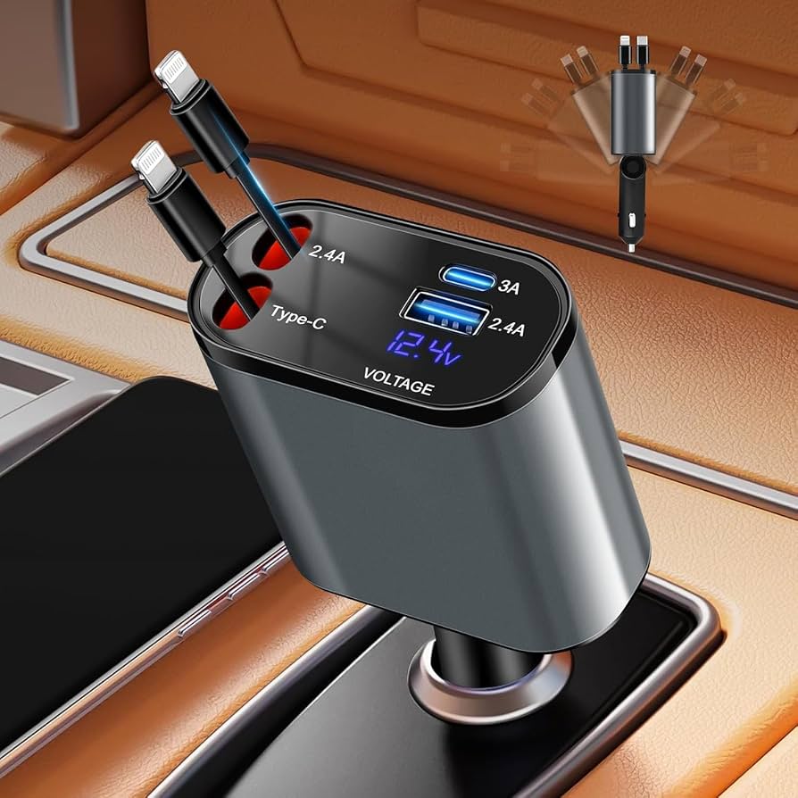 CargaMax 120W⚡ Cargador Retráctil 4 en 1 para Auto 120W