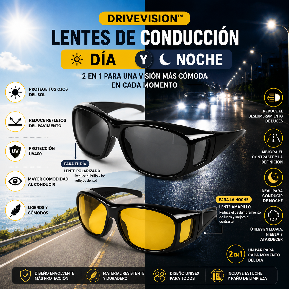 DriveVision™ 2 en 1 Lentes de Conducción Día y Noche