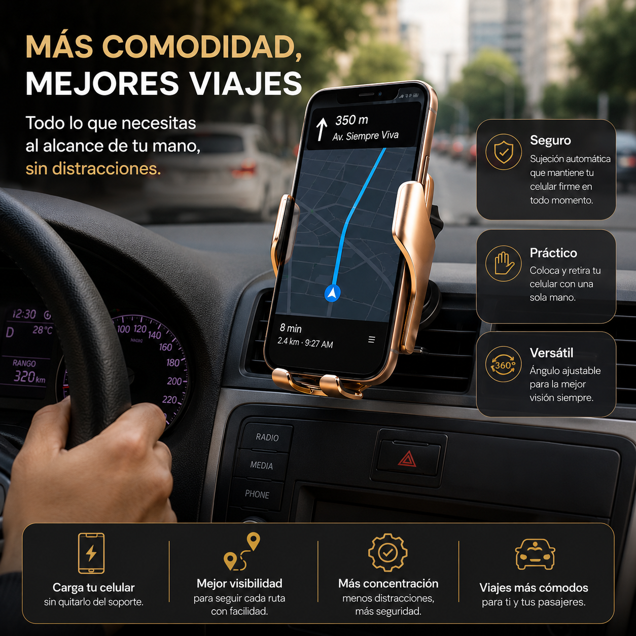 Soporte y Cargador de celular para auto