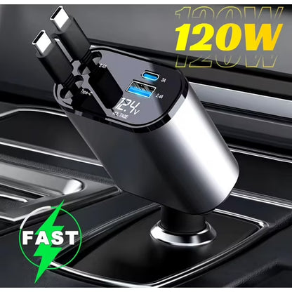 CargaMax 120W⚡ Cargador Retráctil 4 en 1 para Auto 120W