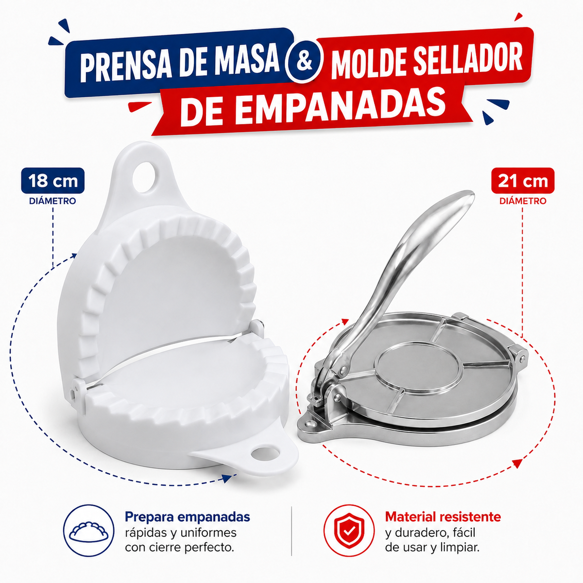 Prensa Para masa 21 cm🥟| + 1 Molde sellador Gratis🎁